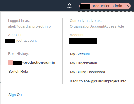 Screenshot of the AWS console showing the user abel logged into the root
account, but having the role of admin in the production account